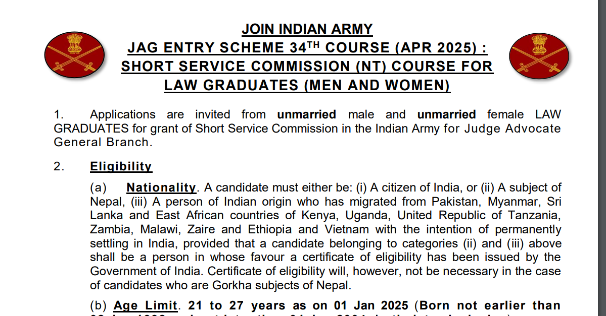 You are currently viewing Army JAG Direct Officer Entry 2025 | Age limit, last date 13 Aug.