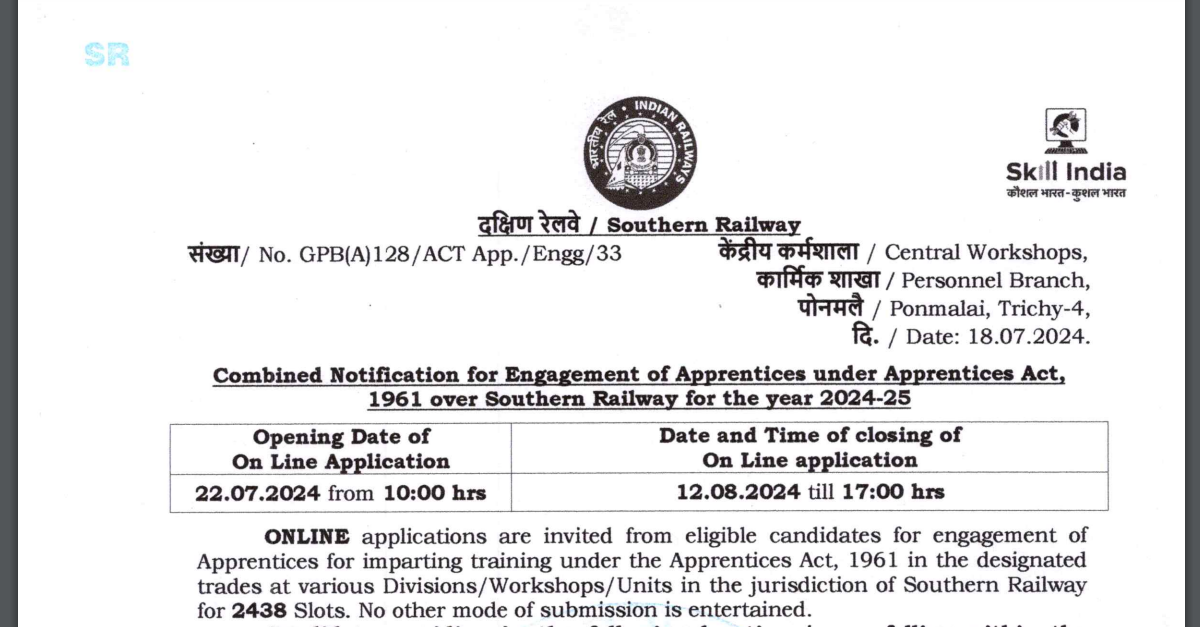 You are currently viewing South Railway Apprentice Bharti 2024