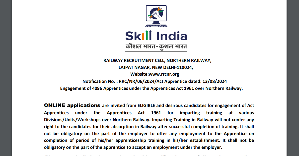 You are currently viewing Northern Railway RRCNR 4096 Apprentice latest Vacancy 2024