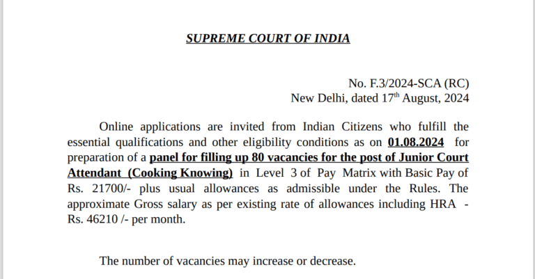 Read more about the article SC Junior Court Attendant (Cooking) Call letter Out 2024