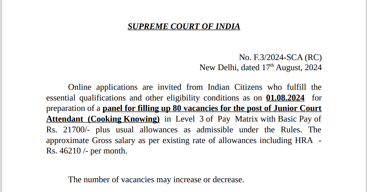 You are currently viewing SC Junior Court Attendant (Cooking) Call letter Out 2024