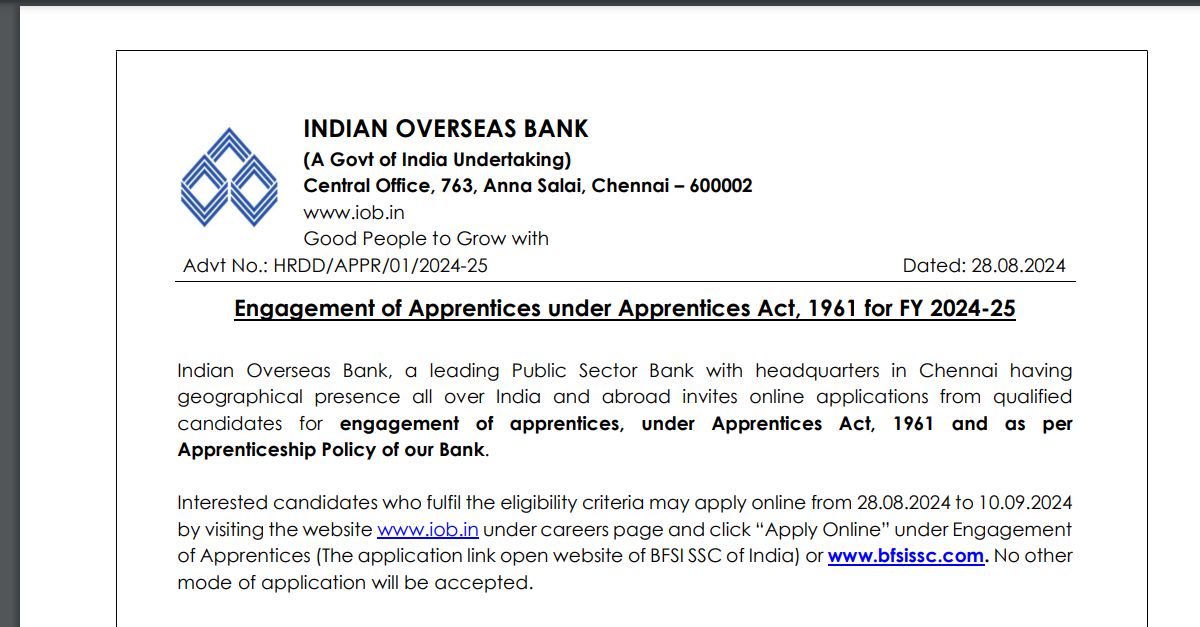 You are currently viewing Indian Overseas bank IOB Apprentice Vacancy