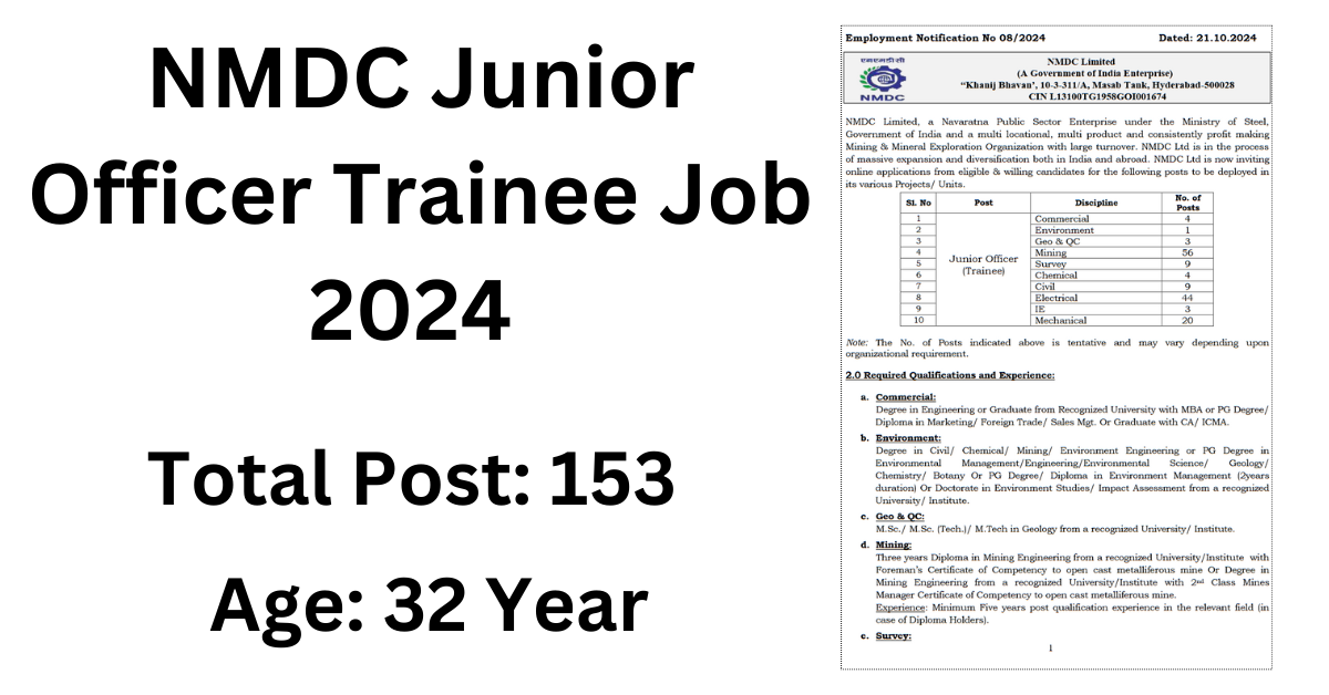 You are currently viewing NMDC Junior Officer Trainee Job 2024 Check Eligibility