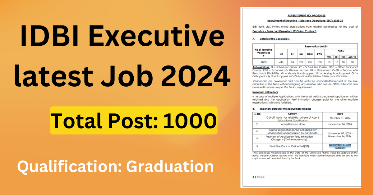 You are currently viewing IDBI Executive (Sales and Operations) 1000 Post latest vacancy 2024