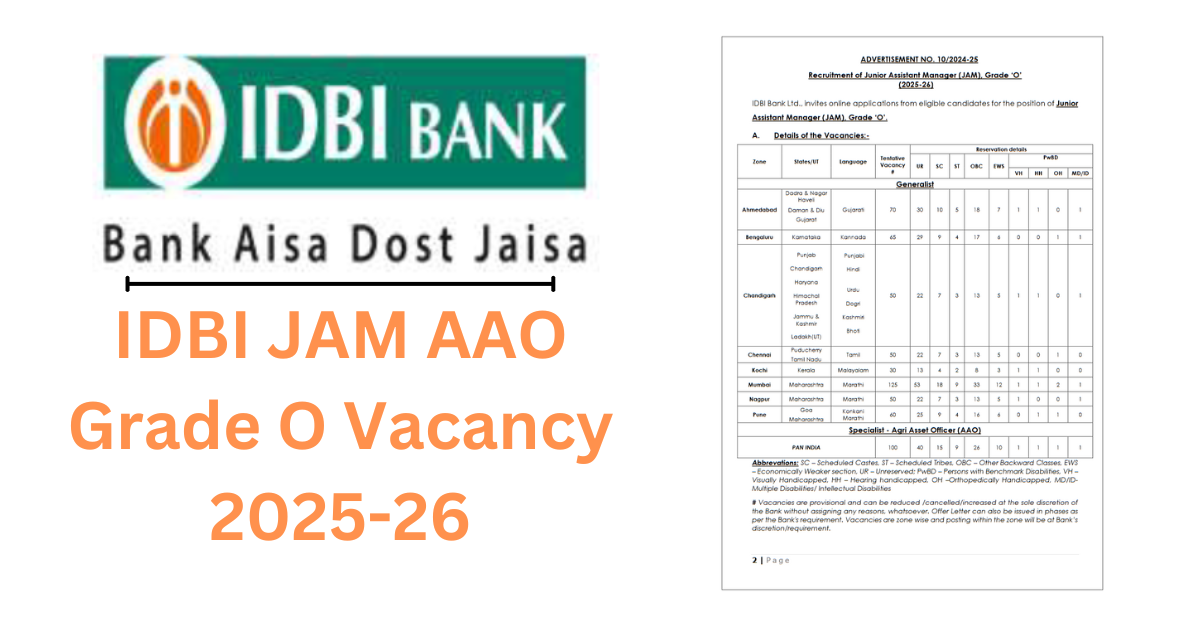 You are currently viewing IDBI JAM AAO Grade O Vacancy 2025-26