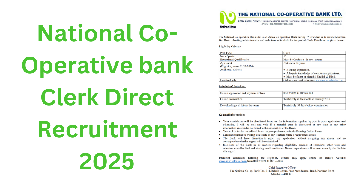 You are currently viewing National Co-Operative bank Clerk Direct Recruitment 2025